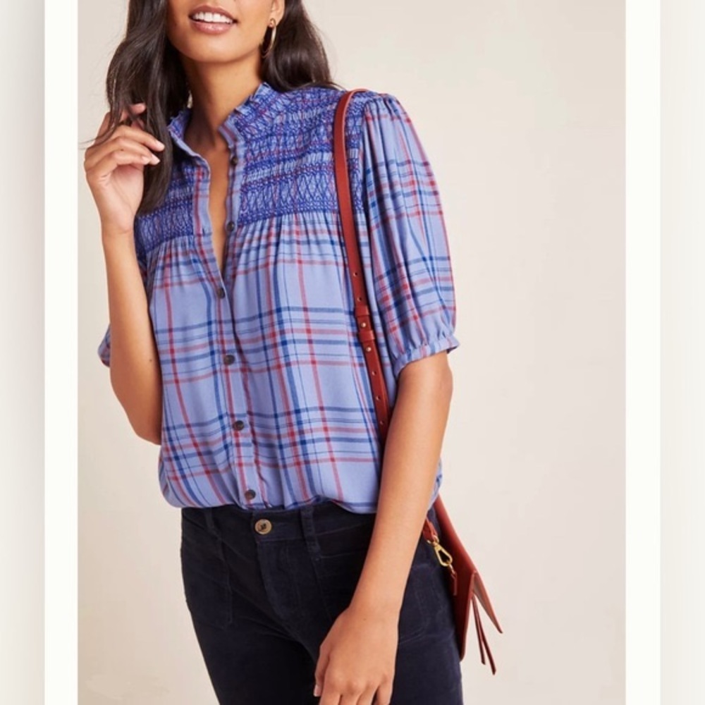 Anthropologie Maeve Lise Smocked Plaid Button Up Top Size Large Buttondown